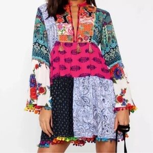 Ananda Boho Colorful Patchwork Mini Bell Sleeve Hippy Flower child Dress size M